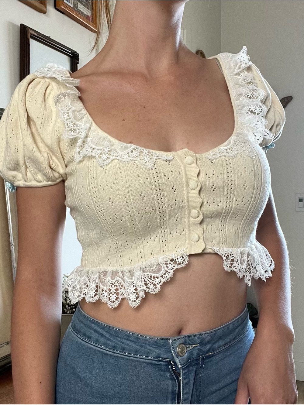 Lace-Trim Cream Cropped Puff Sleeve Top for love and lemons